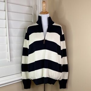 Brandy Melville Black and Cream Striped V-Neck Half-Zip Sweater